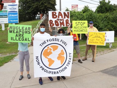 Participants take part in a rally to raise awareness of the Fossil Fuel Non-Proliferation Treaty and the UN Treaty on the Prohibition of Nuclear Weapons in Sudbury, Ont. on Friday August 6, 2021.  Fridays For Future Sudbury and the Sudbury Chapter of the International Physicians for the Prevention of Nuclear War joined forces to host the event on the 76th anniversary of the nuclear bombing of Hiroshima Japan. John Lappa/Sudbury Star/Postmedia Network