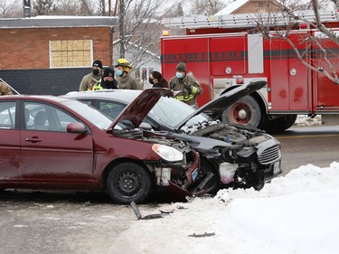 Police and firefighters attended the scene of two separate collisions near Lorne Street and Regent Street in Sudbury, Ont. on Thursday December 9, 2021. A section of Lorne Street was closed for a short time. John Lappa/Sudbury Star/Postmedia Network