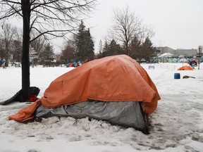 A tent encampment at Memorial Park on Dec. 15, 2021. Despite the frigid temperatures, there are still people living in tents in downtown Sudbury. There are several encampments spread throughout the core, a resident of the Memorial Park encampment told Ward 2 Coun. Michael Vagnini.