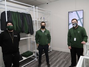 Manager Gage Dobosi, left, Kyle Seaton, and Nathan Pellatt, of Clover Cannabis located at 450 Notre Dame Ave. in Sudbury, Ont., are inviting customers to the store. The locally owned business is having an official opening on December 18, 2021, with a ribbon-cutting ceremony at 4:20 p.m. John Lappa/Sudbury Star/Postmedia Network