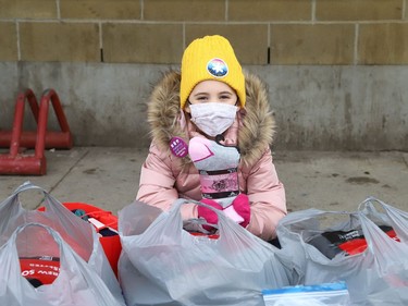 Sophie Hall, 6, donated 527 pairs of socks at the launch of the Coldest Night of the Year 2022 at the Samaritan Centre on Dec. 21. John Lappa/Sudbury Star