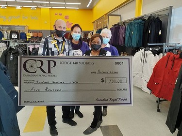 Sudbury Royal Purple Lodge #148 has been helping organizations purchase items for people who are in need. From the left are Richard McKay, store manager at Giant Tiger, who is joined by Judy Blais, Yvonne Nykilchyk and Mable Dockery. The lodge presented a cheque for $500 to Keeping Seniors Warm. All of this is possible through funds raised in partnership with Delta Bingo. Supplied