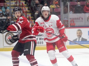 Soo Greyhounds forward Tanner Dickinson (shown here) in action against the Guelph Storm. Dickinson was named to the preliminary Team USA roster for the upcoming World Junior Championship.