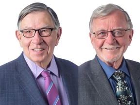 Bob Brush, left, and Dennis Draves were once again acclaimed as the chair and vice-chair respectively of District School Board Ontario North East this week.

Supplied photos edited by The Daily Press