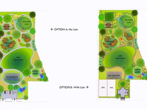 This image shows two options for the preliminary design for the proposed Porcupine Commons revitalization of the current Melview Park. The one on left excluded the city selling off two surplus lots, while the one on the right incorporated the sale of those lots. During Tuesday's meeting, council opted to go ahead with the sale of the surplus lots. SUBMITTED ILLUSTRATION