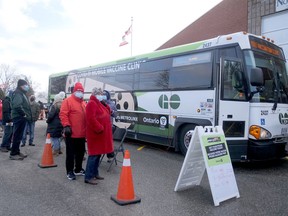 The GO-VAXX COVID-19 mobile vaccine clinic in Courtland had its allotment of 240 doses filled early in the morning. (Chris Abbott/Norfolk and Tillsonburg News)