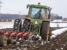 "My dad, would tell me I was making a mistake," said second generation farmer John Angehrn or Zorra township as he plows a field just north of Thamesford. Angehrn said his dad, who bought the farm inn 12967 said don't plow snow under, because the soil insulates it and it forms a layer of ice, that keeps the soil from warming up in the spring. But the plowing had to be done, so Angehrn will be able to plant corn in the spring he said. Photograph taken on Wednesday December 1, 2021 (Mike Hensen/Postmedia Network)