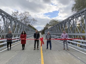 The new Meeks Bridge, made out of a temporary structure from Port Bruce, in Southwold opened to traffic in November. Shown here are Julie Gonyou, County of Elgin chief administrative officer, Lisa Higgs, Southwold CAO, Southwold Mayor Grant Jones, Warden Tom Marks and Aaron Van Oorspronk, Elgin senior engineering design and construction technologist.