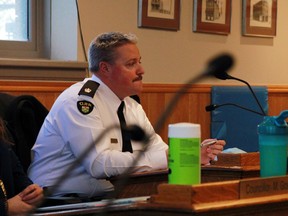 Kenora OPP detachment commander Insp. Jeff Duggan during a Kenora Police Services Board meeting at city hall on Thursday, Nov. 25.