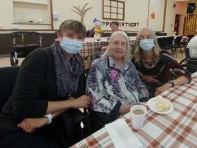 Angela Bajt (left) was happy to be with her grandmother, Marie-Ange along with Marie-Ange's daughter, Sharon Adamchuck to celebrate her 95th birthday at Pinecrest Home.