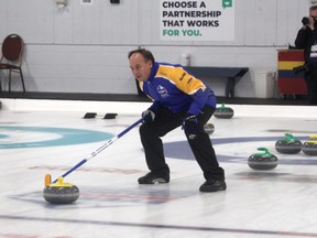Team Alberta skip Wade White in calling the shots at the Canadian Seniors Curling Championships on Saturday night at the Community First Curling Centre. Team Alberta picked up a 4-3 win over Team Ontario in the national title game.