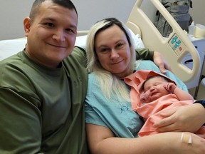 Parents Cory Wallace and Cassandra Abbott with their new bundle of joy, Nova Storm Wallace, who was born at 5:05 a.m. on Saturday, January 1, 2022. Nova, who weighed 9 pounds, 9 ounces, was the first baby born in Grey-Bruce in 2022.