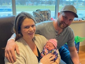 Rylee Lynn McLaughlin, the first baby born in 2022 at Bluewater Health in Sarnia, is shown with her parents Lara Sazonov and Eric McLaughlin.