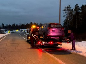 A vehicle is towed on New Year’s Eve after Sudbury OPP stopped it for speeding on Highway 69. The driver was also found to be suspended.