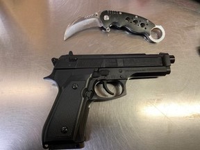 A fake gun and knife, as pictured, were in the possession of a 31-year-old man who entered an Azilda coffee shop on Thursday, giving staff and customers a scare.