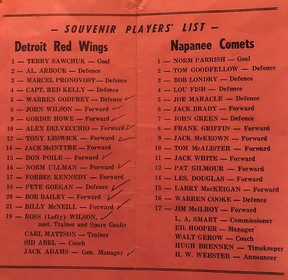 The rosters for the exhibition game on February 27, 1958 played in Napanee between the Detroit Red Wings of the NHL and the Intermediate A team of the Napanee Comets.