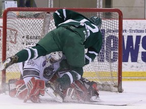 Newly-acquired forward Michael Lovsin crashes the net in the Sherwood Park Crusaders’ 3-2 comeback win over the visiting Blackfalds Bulldogs on Friday, a game that saw him score the tying goal. Photo courtesy Target Photography