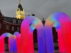 The North American debut of Australia’s Sky Castle, an interactive light and sound exhibit created last year to celebrate the easing of lockdown restrictions in Melbourne, has been delayed by a couple days in Stratford while officials work out technical glitches and battle windy winter weather. (Photo courtesy Zac Gribble)