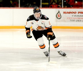 A busy Monday saw the Timmins Rock acquire 20-year-old blue-liner Carson Cox, shown here in action during a game at the McIntyre Arena on Nov. 30, from the East Division-rival Hearst Lumberjacks in exchange for 17-year-old forward Tyler Patterson. It was one of four transactions the Rock made before the CJHL trade deadline. THOMAS PERRY/THE DAILY PRESS