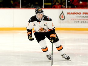 A busy Monday saw the Timmins Rock acquire 20-year-old blue-liner Carson Cox, shown here in action during a game at the McIntyre Arena on Nov. 30, from the East Division-rival Hearst Lumberjacks in exchange for 17-year-old forward Tyler Patterson. It was one of four transactions the Rock made before the CJHL trade deadline. THOMAS PERRY/THE DAILY PRESS