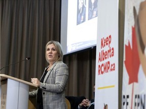 National Police Federation vice president Michelle Boutin speaks during the NFP's Keep Alberta RCMP community engagement tour at the Strathcona County Centre on Thursday, Jan. 6. Photo by IAN KUCERAK / Postmedia.