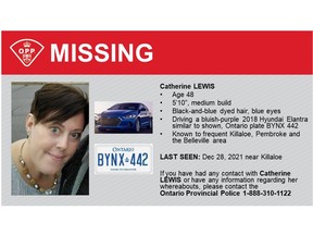 Catherine Lewis, 48, was last seen on Dec. 28 in the Boyle Lane area in the Township of Killaloe, Hagarty and Richards. She is known to frequent the Killaloe, Pembroke and Belleville areas. Police are looking for assistance from the public into her disappearance.
