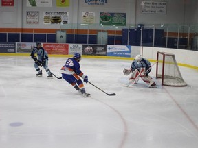 The High River Flyers Junior B hockey team won their weekend series with the Lomond Lakers on Jan. 7 and Jan. 8. Here, on Jan. 7 at the Bob Snodgrass Recreation Complex, Flyer Kole Lauritsen has an opportunity on net, as the Flyers won 4-1.