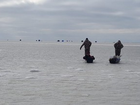 OPP remind the public to use caution on the ice this year, as well as to be prepared for any rapid change in conditions. Here, anglers are shown Friday afternoon on Mitchell's Bay. (Trevor Terfloth/The Daily News)