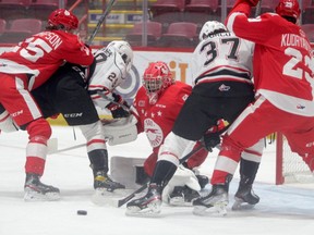 Soo Greyhounds goaltender Tucker Tynan in first period action against the Owen Sound Attack at the GFL Memorial Gardens on Saturday night. The Hounds scored three power-play goals in a 5-2 win over the Attack.