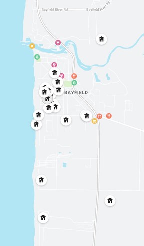 Pictured is a map of properties listed on the popular Airbnb rental listing app, which lists 53 properties for rent as of January 6.