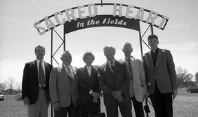 Marking the opening of the enlarged Roman Catholic cemetery, Sacred Heart in the Fields, May 6, 2001, from left: Larry Brennan of the Diocese of London, members of the Louis Seys cemetery council, Lea Depuydt, Martin Van Meyel and Adrian Dirven, and Father Peter Poel.  File photo / Strathroy Age Dispatch