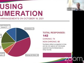 Josh Gibson, Grey County's housing programs manager, presents the results of a one-day homelessness enumeration survey to Grey County council on Thursday. The meeting was held virtually due to the COVID-19 pandemic.