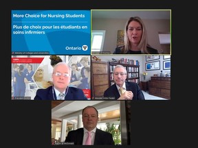 Ontario Minister of Colleges and Universities Jill Dunlop, top, Canadore College President George Burton, Nipissing MPP Vic Fedeli and North Bay Mayor Al McDonald unveil a four-year stand-alone Bachelor of Science in Nursing program at Canadore to begin this fall.
Screen capture