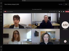 Dr. Carol Zimbalatti, top left, Dr. Jim Chirico, Louise Gagne and Shannon Mantha of the North Bay Parry Sound District Health Unit address local media, Thursday, on the COVID-19 pandemic.
Screen capture