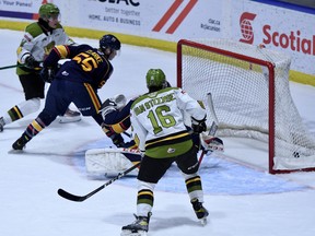 Dalyn Wakely opens the scoring for the North Bay Battalion against goaltender Mack Guzda of the Barrie Colts in Ontario Hockey League action Saturday. Owen Van Steensel and Barrie's Brandt Clarke have closeup views of the play.
Sean Ryan Photo