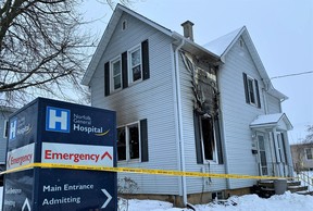Norfolk OPP report a fatality in connection with a fire at this home in Simcoe early Sunday morning at the intersection of Queen Street South and Robinson Street. – Monte Sonnenberg