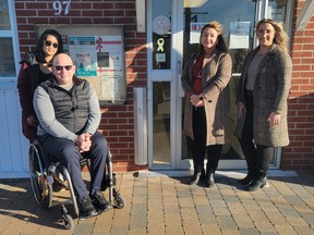 From left, Arlene Tinunas and Wade Watts stand alongside Suzanne Andrews, CEO of the Quinte West Chamber of Commerce, and Brianna Rossit after recent accessibility upgrades to the Chamber were completed. Submitted