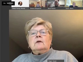 Sue Roger. vice-president clinical operations and chief nursing executive, addresses the public portion of Sault Area Hospital’s board of directors meeting Monday evening. Screenshot