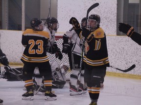 Aidan Hughes (7) reacts after scoring the Beaumont Chiefs second goal in their 4-2 win over the Leduc Riggers, January 25, 2022. (Dillon Giancola)