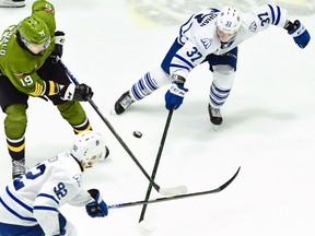 Kyle McDonald of the North Bay Battalion does battle in Ontario Hockey League action Thursday night with Owen Beck and Charlie Callaghan of the Mississauga Steelheads at Memorial Gardens. The teams meet again Friday night at Mississauga.
Sean Ryan Photo