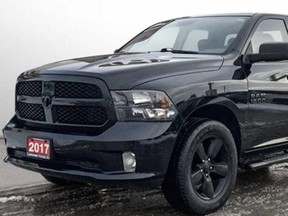 A black 2017 Dodge Ram 1500 is one of two stolen vehicles police are searching for following a break-and-enter into a Listowel car dealership last month. (Contributed photo)