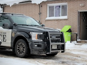 Police secure a murder scene on Second Line West, near Turner Avenue, on Monday, Jan. 31, 2022 in Sault Ste. Marie, Ont. (BRIAN KELLY/THE SAULT STAR/POSTMEDIA NETWORK)