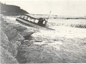 •	The fate of this craft attempting to run Vermilion Chutes is unknown. However, it is known many a captain has tried and seen the wisdom of taking the much-travelled portage skirting the Chutes approximately 78 km downstream of Fort Vermilion. The Chutes range from 15 to 25 feet high. They are dangerous when water level is low.  High water, for the experienced boat captain could only be exciting. Photo from Google website
