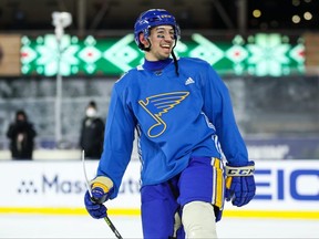 Jordan Kyrou of the St. Louis Blues celebrates after scoring a goal during practice at Target Field on December 31, 2021, in Minneapolis, Minnesota. (Photo by David Berding/Getty Images)