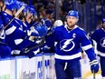 Steven Stamkos (91) of the Tampa Bay Lightning celebrates a goal during a game against the Vancouver Canucks at Amalie Arena on Jan. 13, 2022, in Tampa, Florida. (Photo by Mike Ehrmann/Getty Images)
