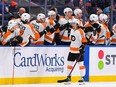 Philadelphia Flyers' Travis Konecny (11) celebrates his goal against the New York Islanders during the second period at UBS Arena in Elmont, N.Y., on Jan. 17, 2022. (Dennis Schneidler/USA TODAY Sports)