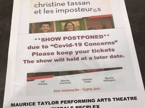 A poster showing a postponement of a concert in 2020 due to COVID. Since then, several events have been put on hold or cancelled due to the virus. While concerts continue to be rescheduled, the Tisdale Arts Council continues on with visual shows. Tisdale Arts Council / Facebook