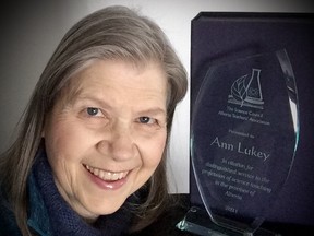 Dr. E. Ann Lukey with her ATA Science Council Distinguished Service Award. (Black Gold School Division)