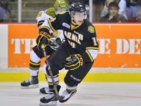 Reid Boucher plays for the Sarnia Sting in the 2012-13 OHL season. (Photo by Terry Wilson / OHL Images)
