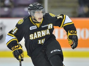 Reid Boucher plays for the Sarnia Sting in the 2012-13 OHL season. (Photo by Terry Wilson / OHL Images)
